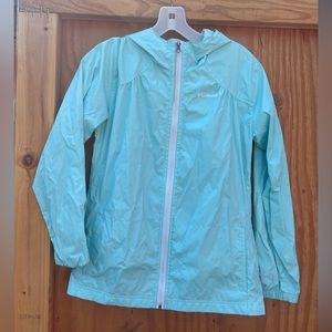 Girls Large 14/16 Columbia Brand Rain Jacket, Light Blue, Zip Up, Hooded